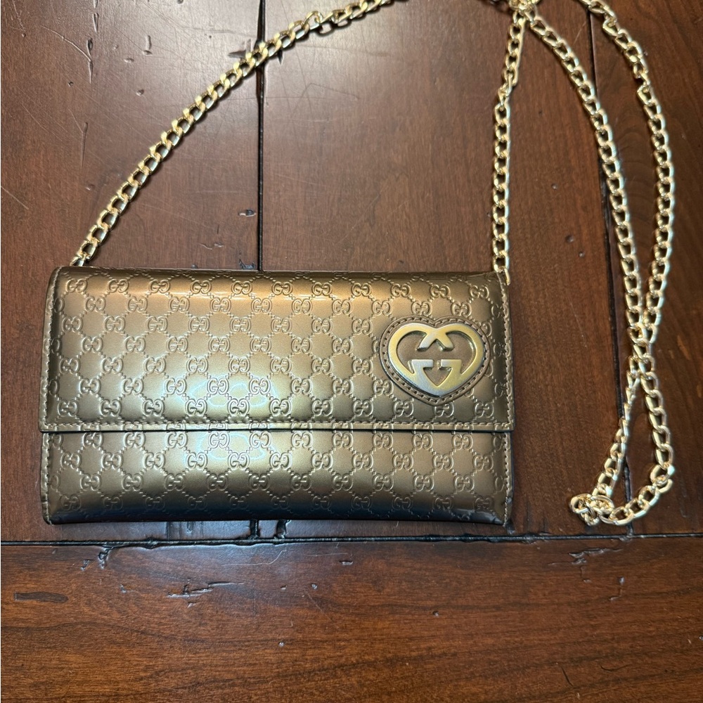 Gucci Gold Microguccissima Lovely Hearts Wallet with non brand chain